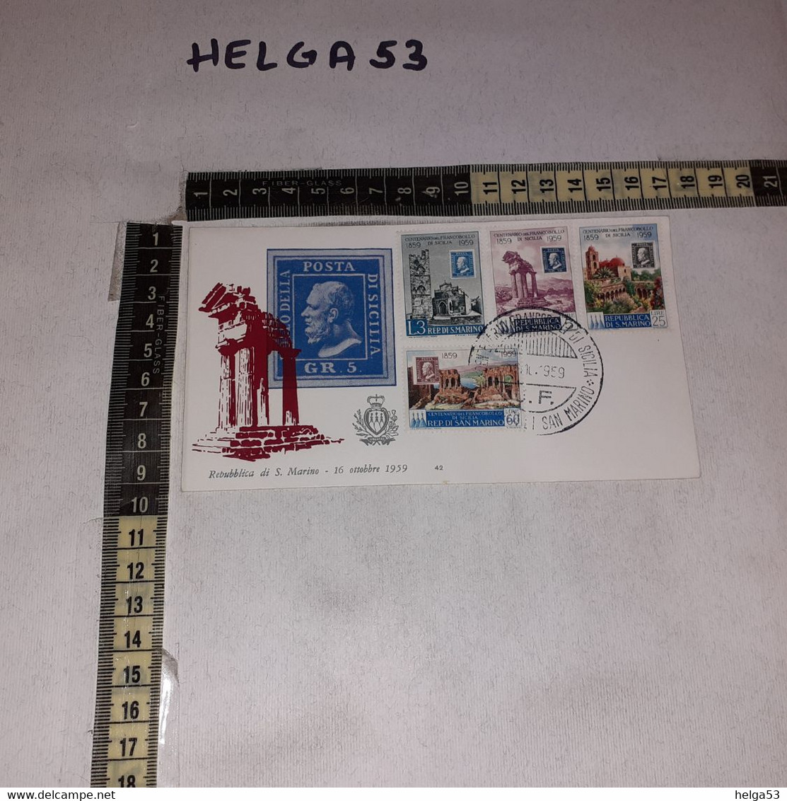 FB10791 SAN MARINO FDC TIMBRO ANNULLO 1959 CENTENARIO FRANCOBOLLI DI SICILIA - FDC