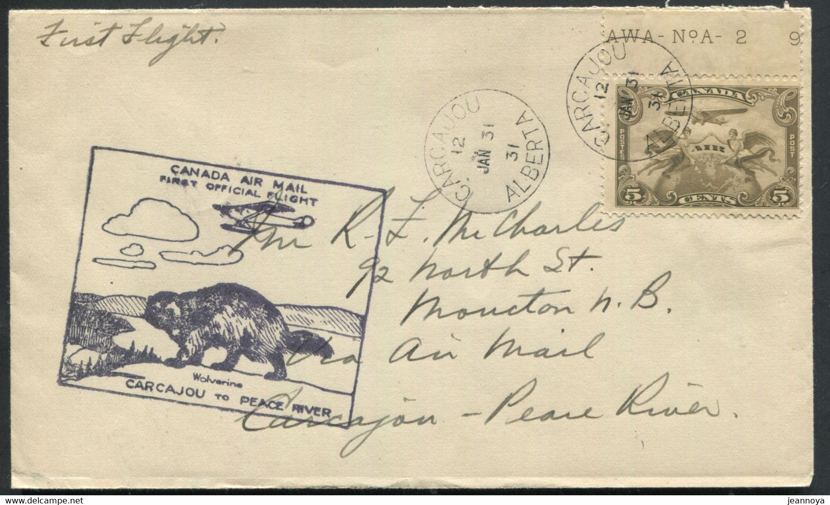 CANADA -  PA N° 1 / 1er. VOL CARCAJOU-PEACE RIVER LE 31/1/1931 - SUP - First Flight Covers