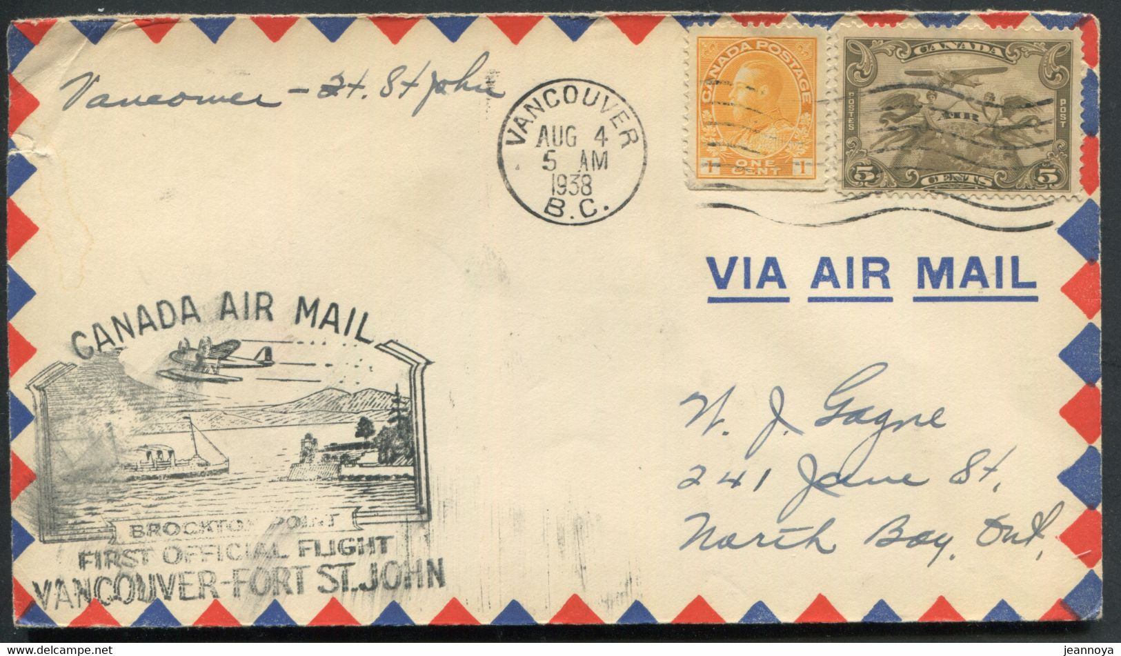 CANADA - N° 108 + PA N° 1 / 1er. VOL VANCOUVER-FORT JOHN LE 4/8/1938 ( MULLER N° 313 ) - SUP - First Flight Covers
