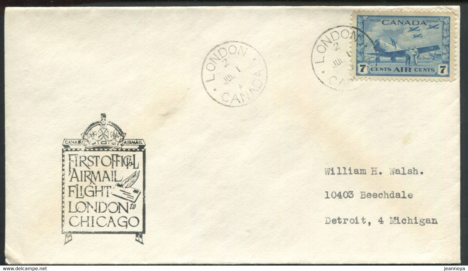 CANADA - PA N° 8 / 1er. VOL LONDON-CHICAGO LE 1/7/1946 ( MULLER N° 351 ) - SUP - First Flight Covers