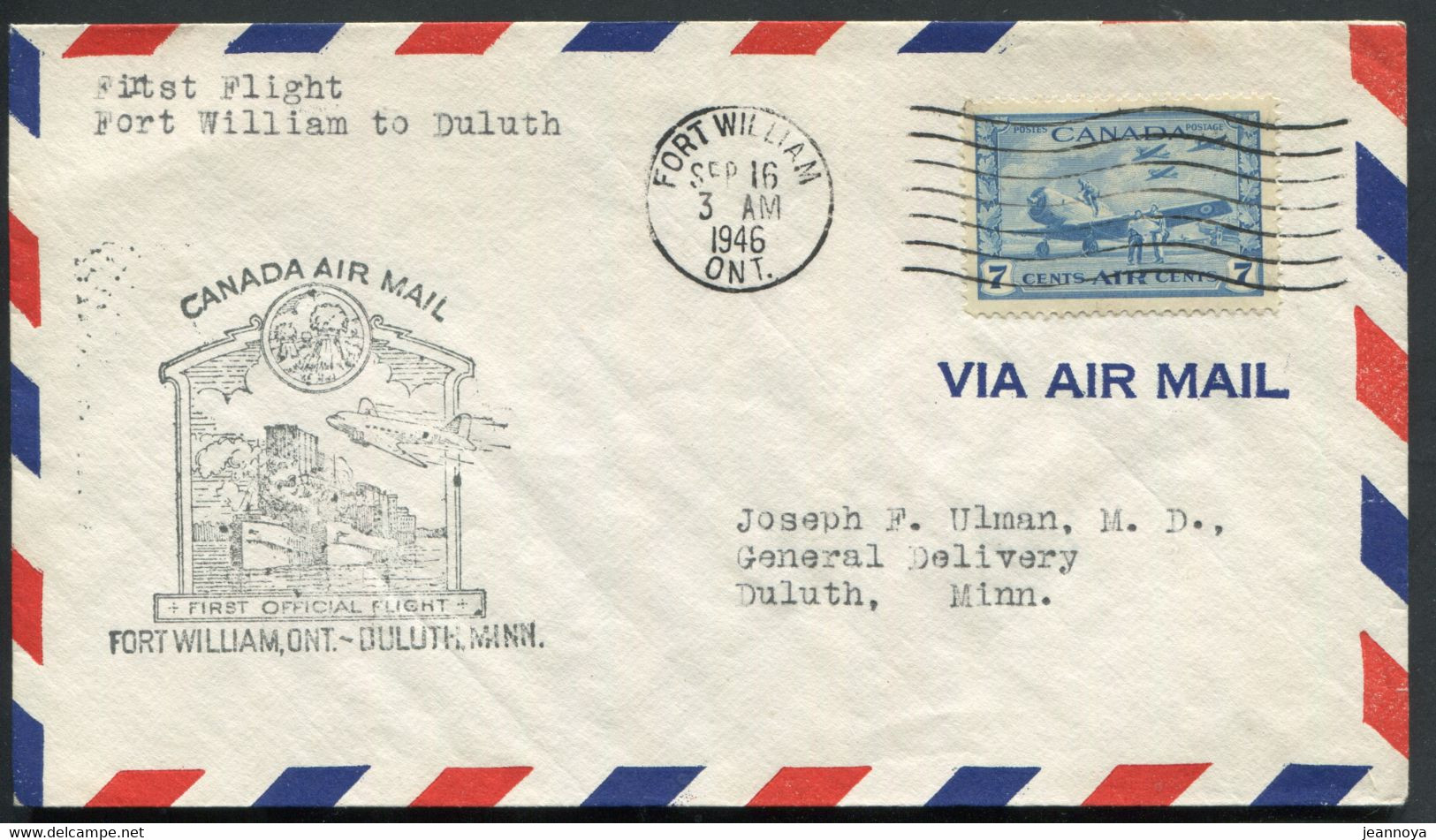 CANADA - PA N° 8 / 1er. VOL FORT WILLIAM- DULUTH LE 16/9/1946 ( MULLER N° 353 ) - SUP - First Flight Covers