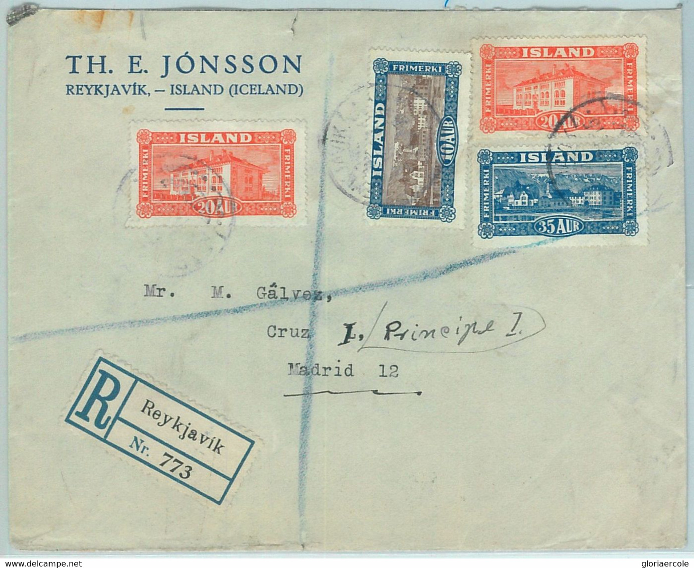 68789 - ICELAND  - Postal History -  REGISTERED COVER  To SPAIN Via GB  1931 - Lettres & Documents