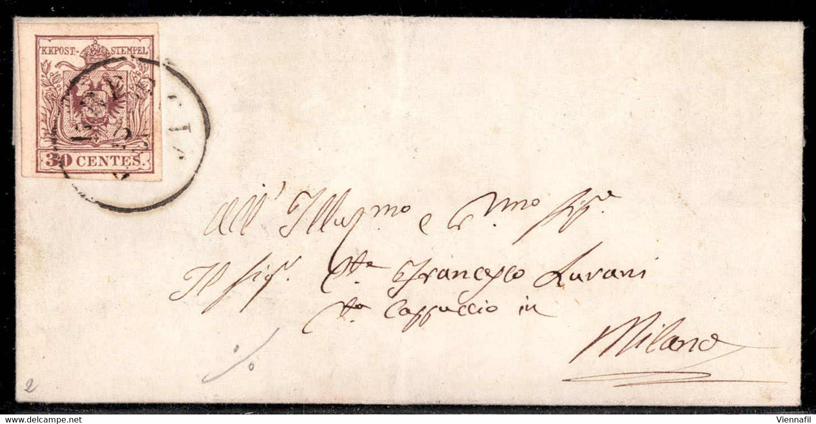 Cover 1850, 30 Cent. Bruno Lillaceo Su Lettera Da Milano (Sass. 9 - ANK 4HIII) - Lombardy-Venetia