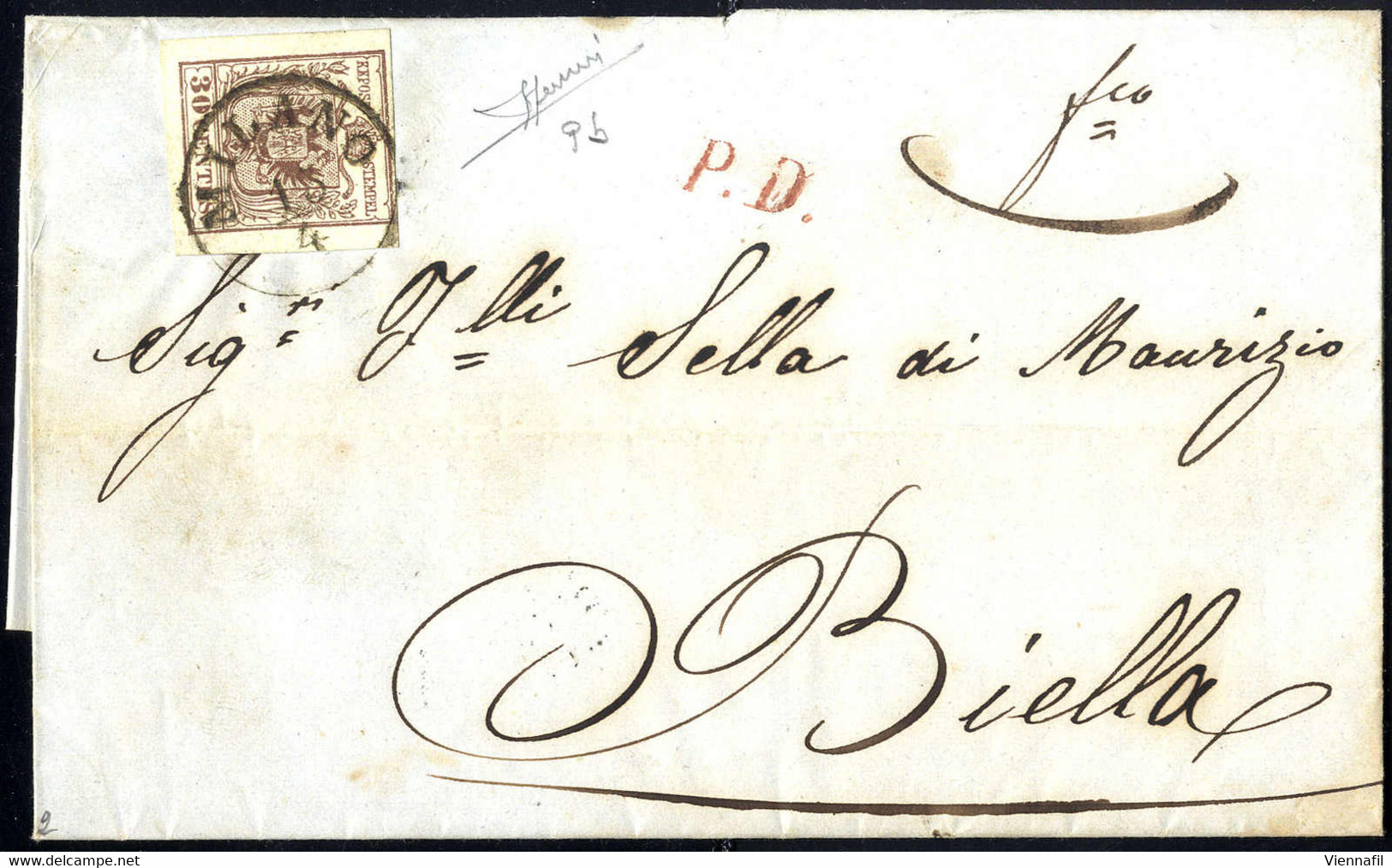 Cover 1850, Lettera Della Seconda Distanza Per L' Estero Da Milano 13.4.1855 Per Biella Affrancata Con 30 Cent. Bruno Ci - Lombardo-Veneto