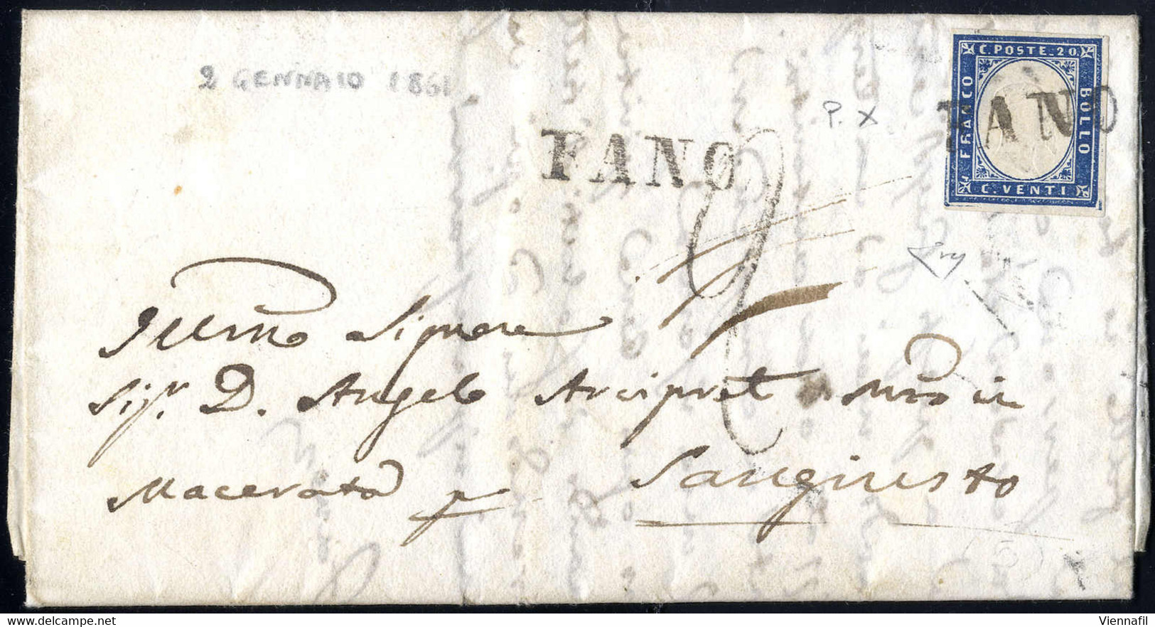 Cover "FANO", Annullo SD Su 20 Cent. Cobalto Grigio, Sardegna, Su Lettera Del 2.1.1861 Per Sangiusto, Tassa "2" Sul Fron - Stato Pontificio