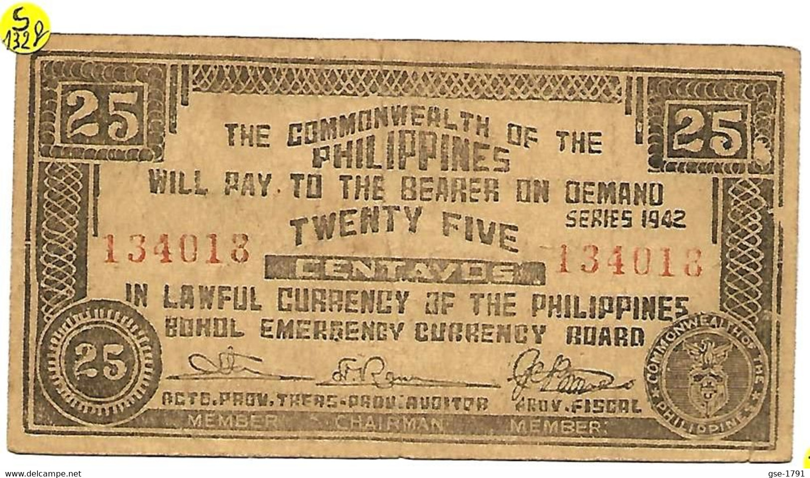 PHILIPPINES, BOHOL  Province , S132f   25 Centavos 1942   Pr. NEUF Papier Normal - Filippijnen