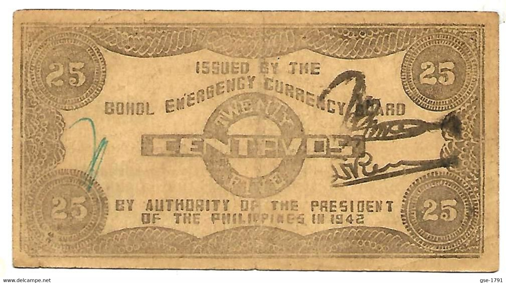 PHILIPPINES, BOHOL  Province , S132f   25 Centavos 1942   Pr. NEUF Papier Normal - Filippijnen