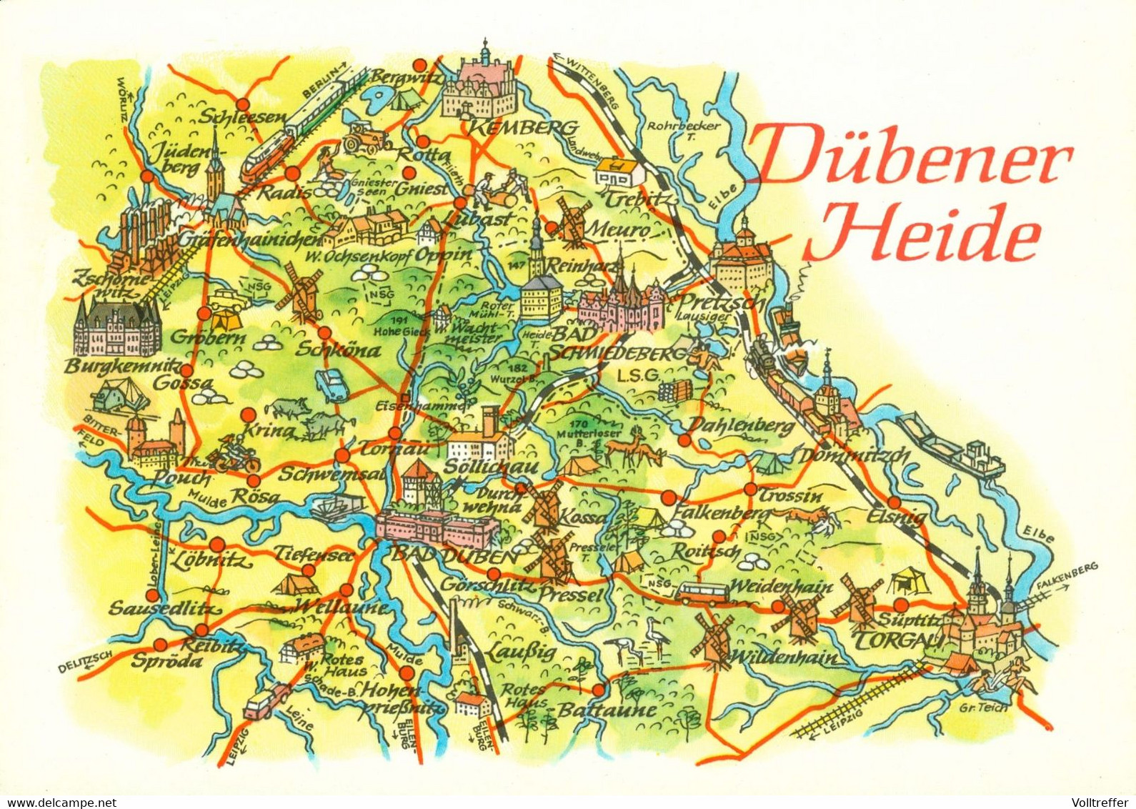 DDR AK Landkarte, Dübener Heide, Zeichnung - Bad Dueben