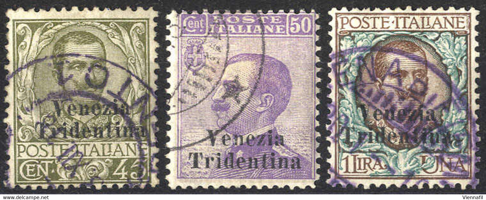 O 1918, Trentino, 45 Cent. + 50 Cent. + 1 Lira, 3 Val. Usati, Due Val. Firm. Em. Diena (S. 25-27 / 900,-) - Trento