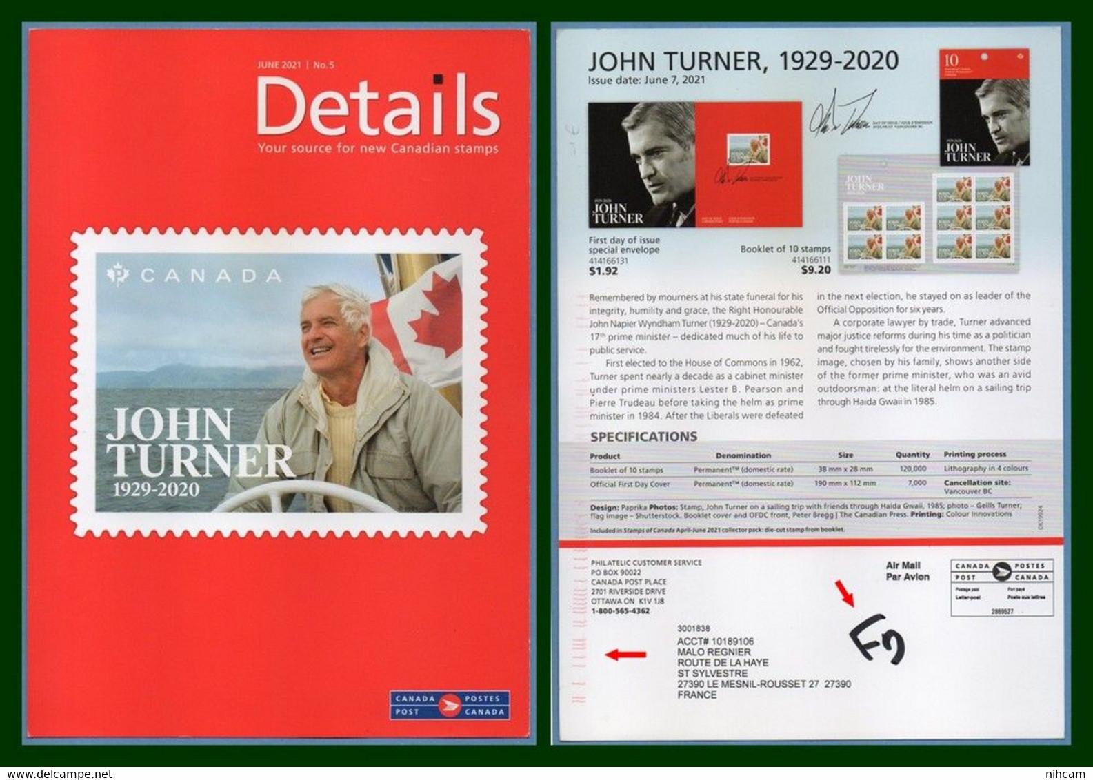 Canada Post Ottawa Postage Paid / Port Payé John Turner > France Entier Postal Stationery 2021 (15X21cm) - Modern Cards