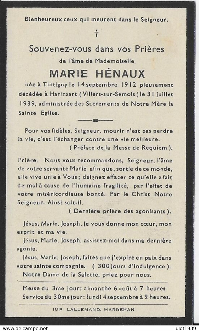 TINTIGNY ..-- Mademoiselle Marie  HENAUX , Née En 1912 , Décédée En 1939 à HARINSART . - Tintigny