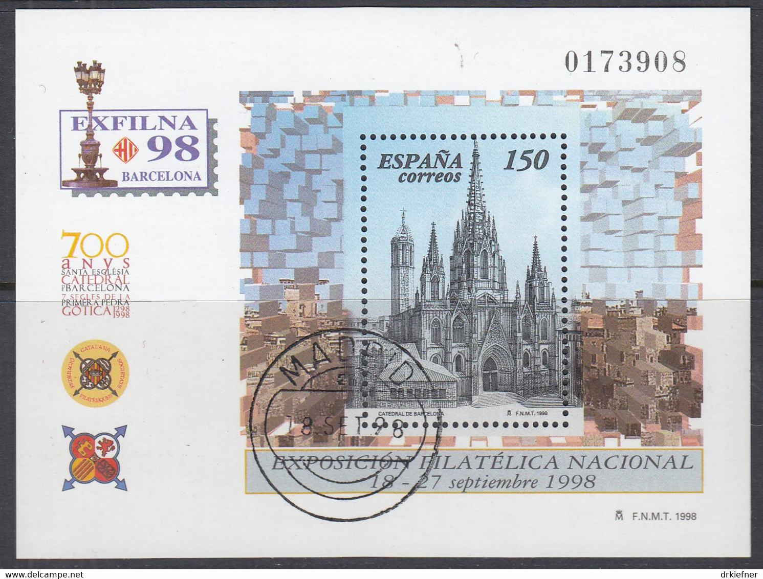 SPANIEN, Block 72, Gestempelt, 700 Jahre Kathedrale Von Barcelona, EXFILNA ’98, 1998 - Blokken & Velletjes