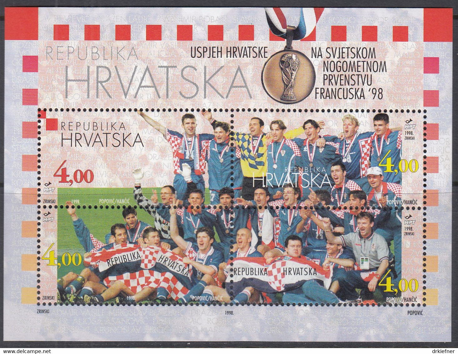 KROATIEN, Block 15, Postfrisch **, Gewinn Der Bronzemedaille Bei Der Fußball-Weltmeisterschaft, 1998 - Croatie