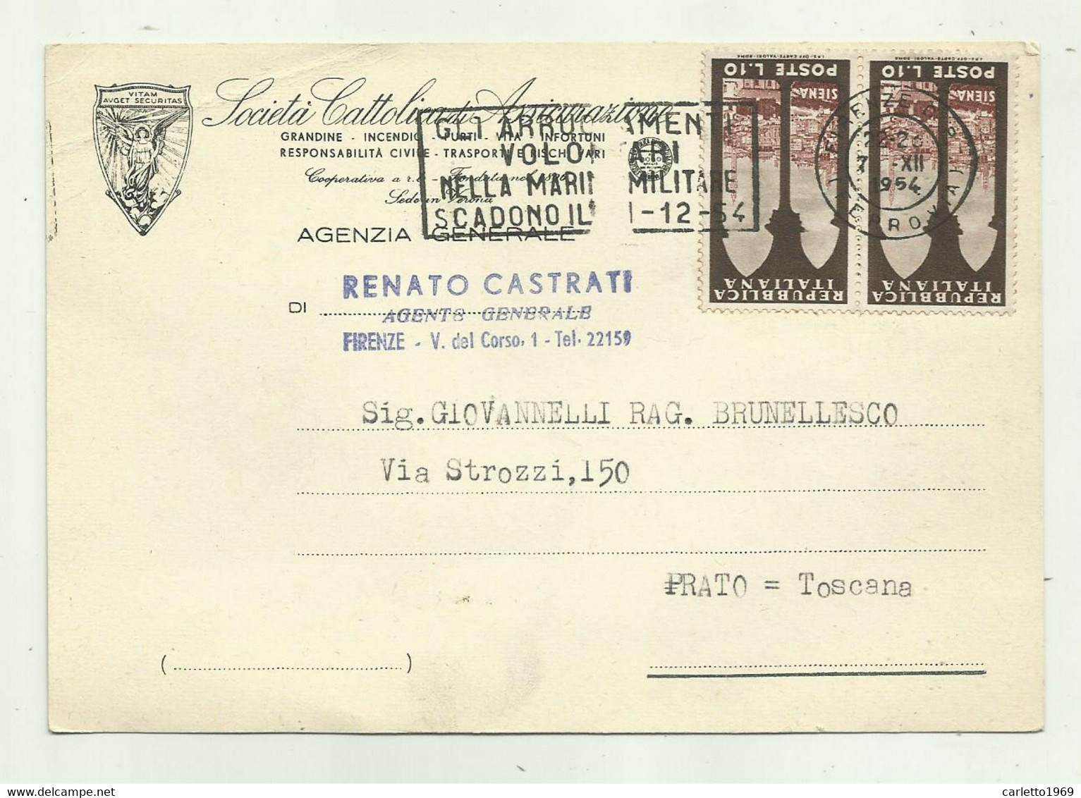 2 FRANCOBOLLI POSTE LIRE 10 SIENA SU CARTOLINA COMMERCIALE 1954  -  VIAGGIATA  FG - 1946-60: Oblitérés