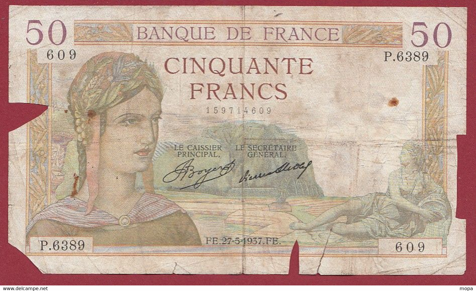 50 Francs "Cérès" Du 27/05/1937.F.E ---ALPH .P.6389 -MAUVAIS ETAT---  (P.377) - 50 F 1934-1940 ''Cérès''