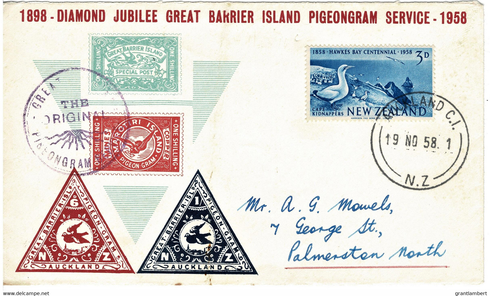 New Zealand 1958 Great Barrier Island Pigeongram Service Diamond Jubilee Souvenir Cover - Briefe U. Dokumente