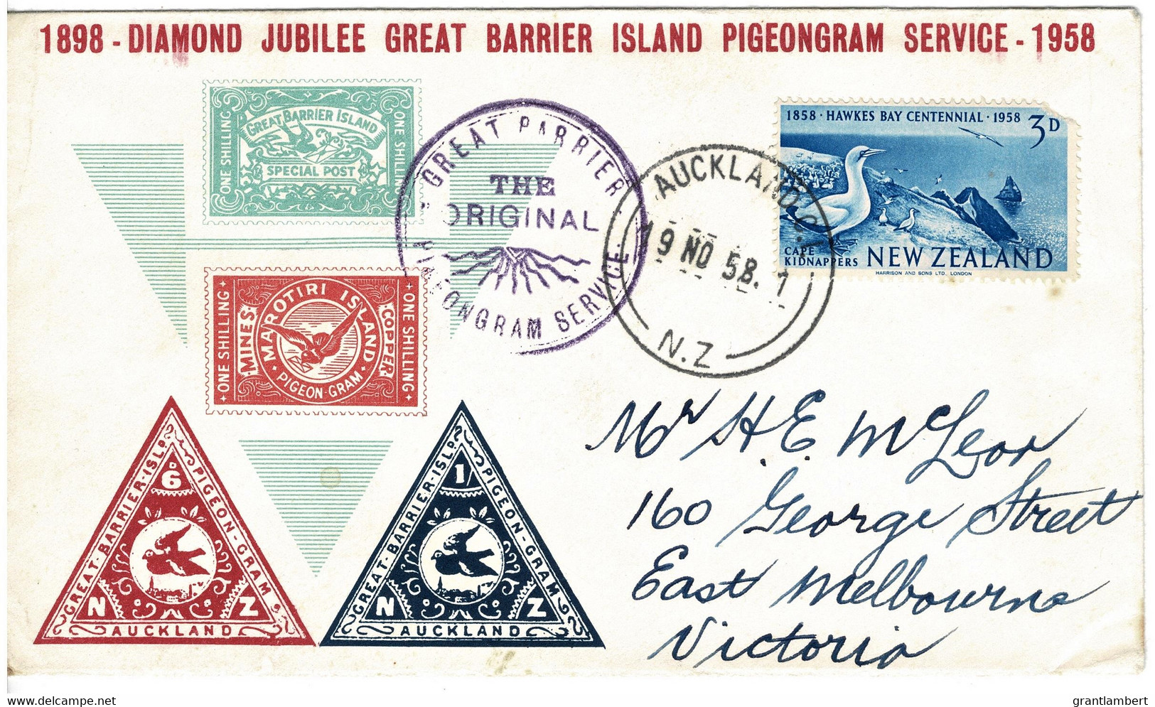 New Zealand 1958 Great Barrier Island Pigeongram Service Diamond Jubilee Souvenir Cover - See Notes - Cartas & Documentos