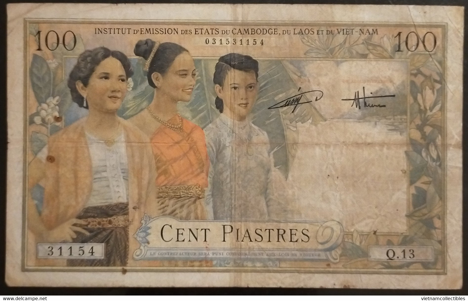 Indochina Indochine Vietnam Viet Nam Laos Cambodia 100 Piastres VF Banknote Note / Billet 1953 - Pick # 108 / 2 Photos - Indochine