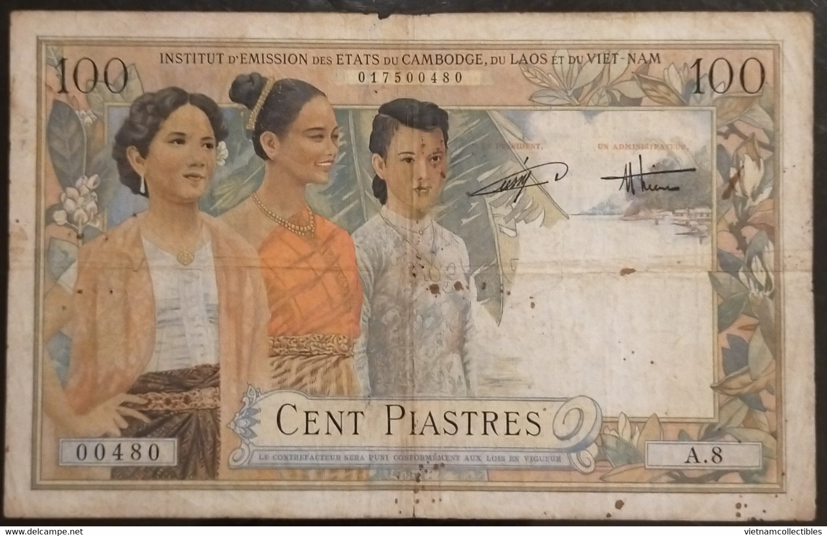 Indochina Indochine Vietnam Viet Nam Laos Cambodia 100 Piastres Fine Banknote Note / Billet 1953 - Pick # 108 / 2 Photos - Indochine
