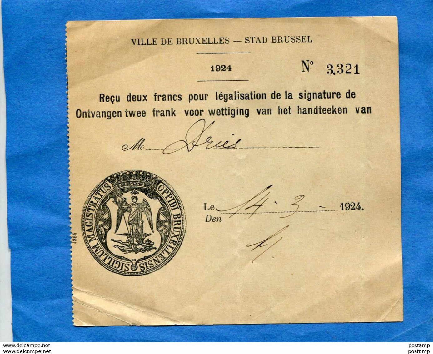 BELGIQUE-ville De BRUXELLES-Reçu 2FRS"légalisation De Signature"1924""oppidi Bruxellensis - Documents