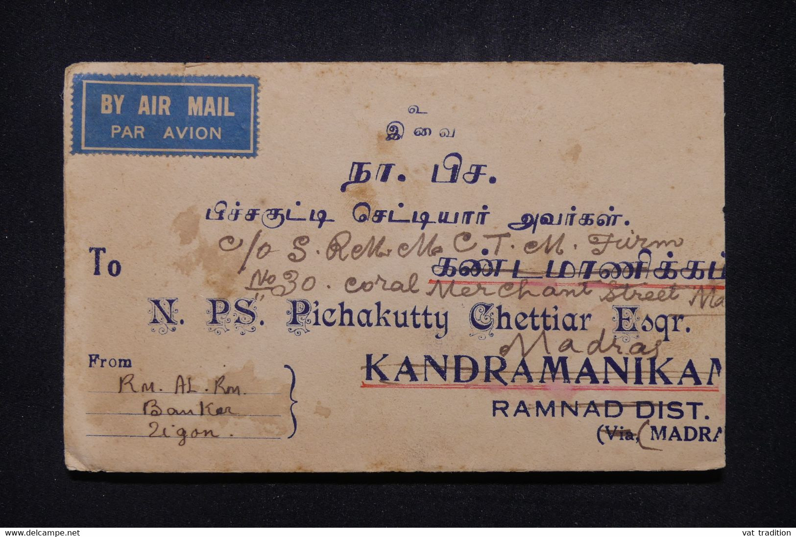 BIRMANIE - Enveloppe De Zigon Pour Madras En 1941, Affranchissement Au Verso - L 107612 - Burma (...-1947)