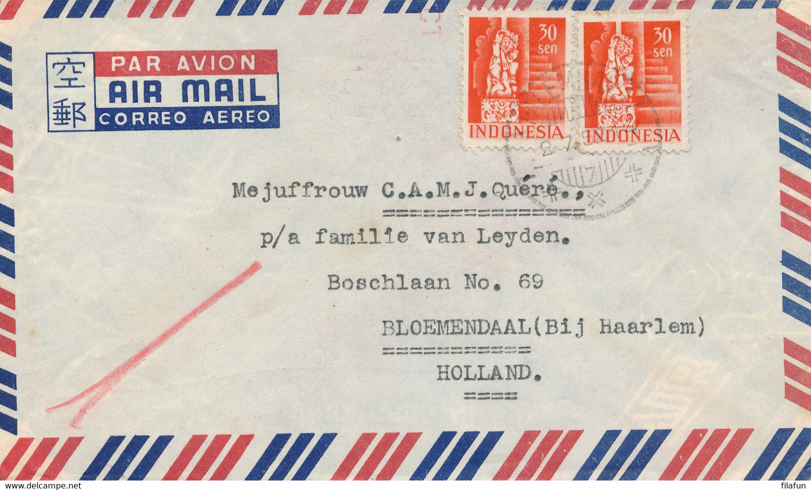 Nederlands Indië - 1952 - 2x 30 Sen Gebouwen / Indonesia Op LP-cover Van LBnr Palembang/7 Naar Bloemendaal / Nederland - Indes Néerlandaises