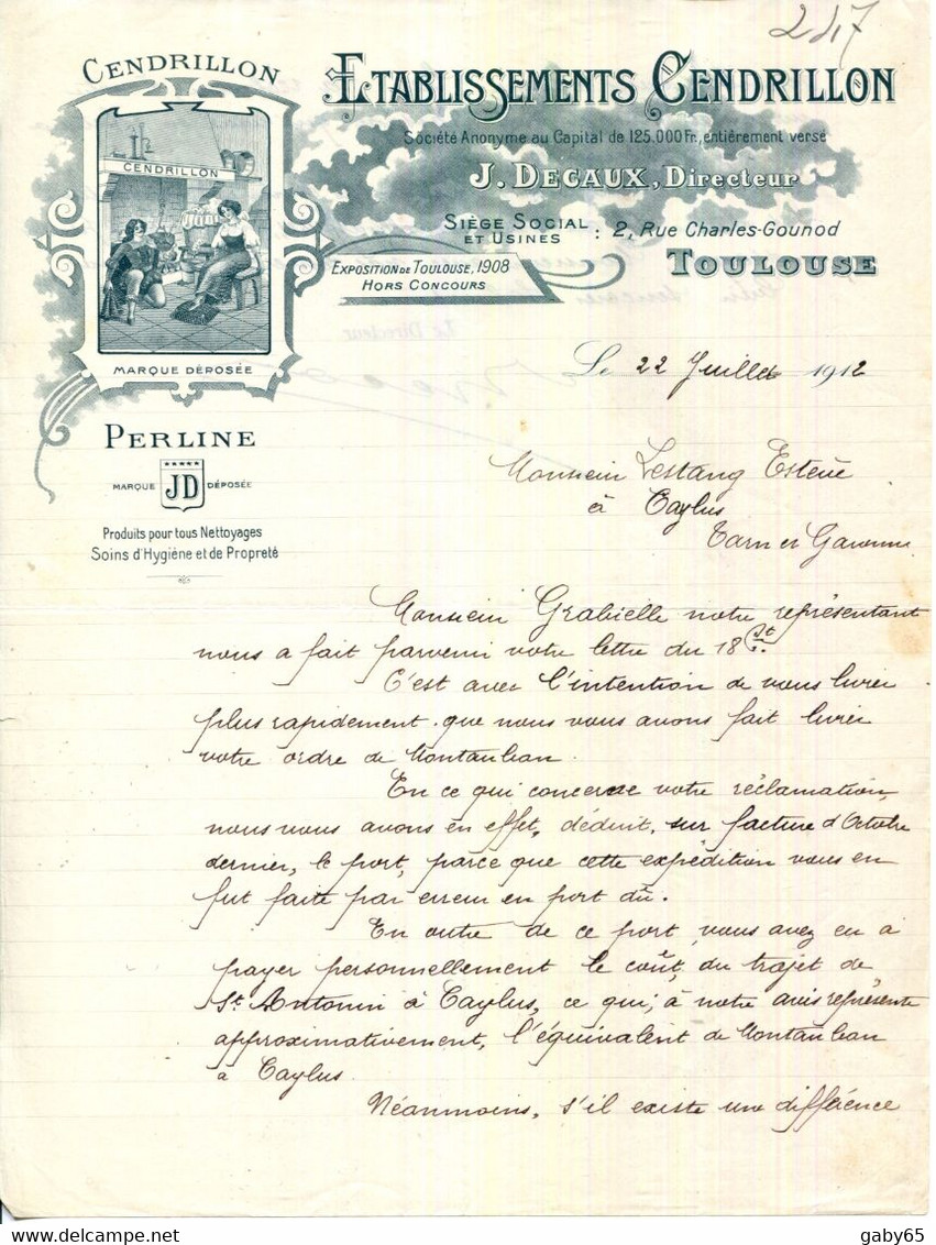 FACTURE.31.TOULOUSE.PRODUITS POUR TOUS NETTOYAGESSOINS D'HYGIENE & PROPRETE.Ets.CENDRILLON 2 RUE CHARLES GOUNOD. - Droguerie & Parfumerie