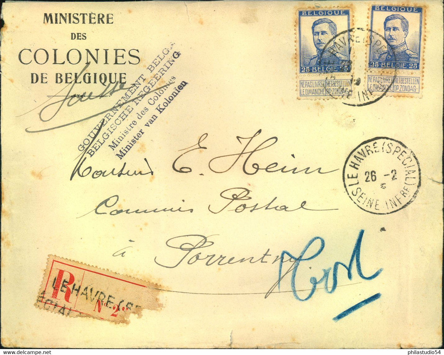 1915,MINISTERE DE COLONIES" Registered Letter "LE HAVRE SPECIAL" To Porrentruy, Switzerland - Other & Unclassified