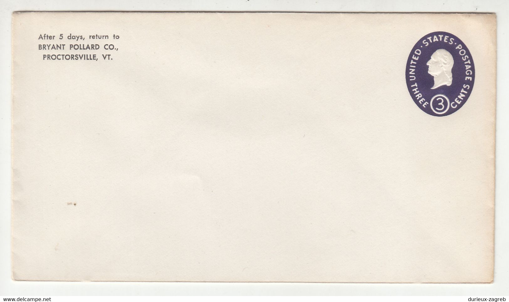 Bryant Pollard, Proctorsville VT Company Postal Stationery Letter Cover U534 Unused B211001 - 1941-60
