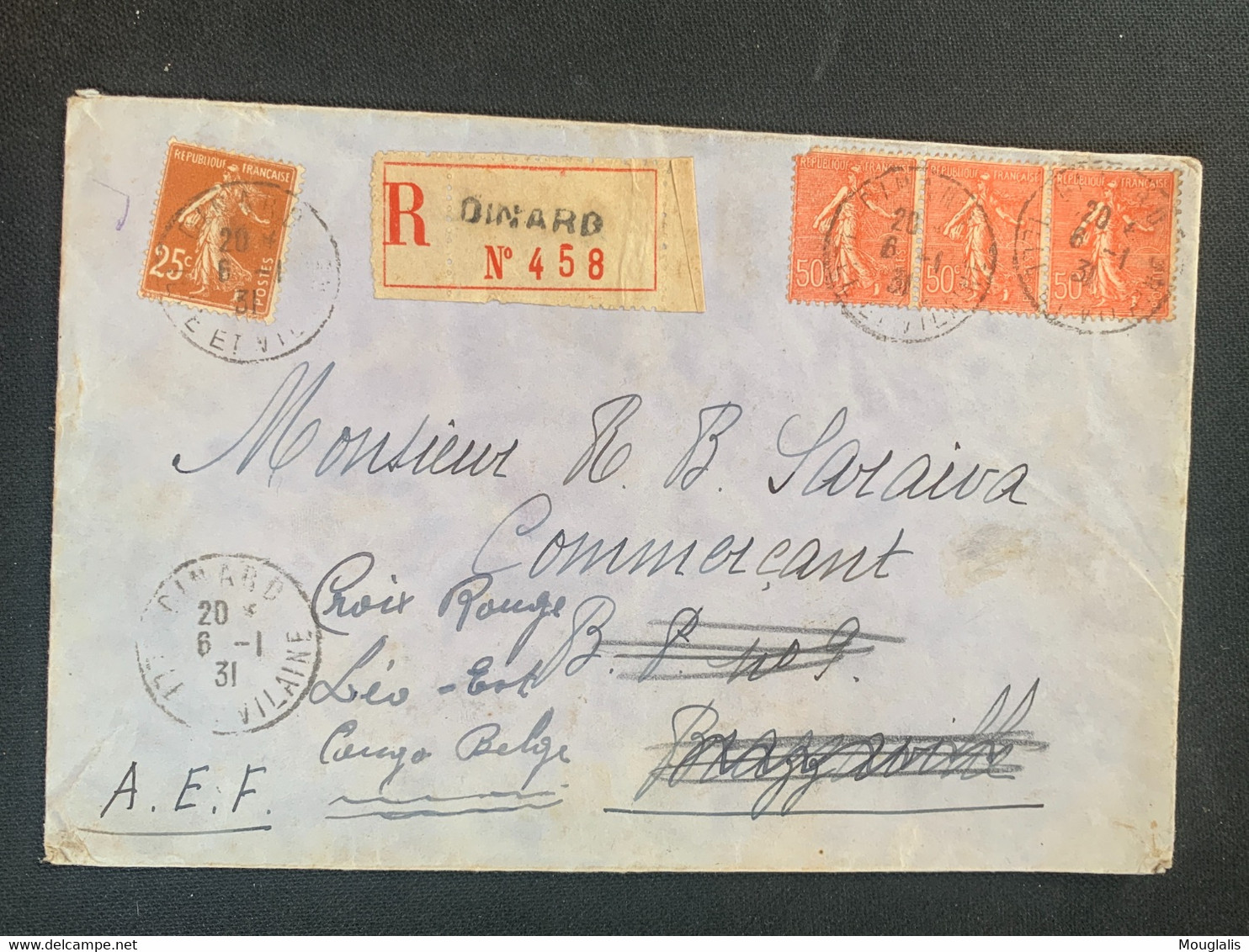 Lettre Semeuse Recommandée De Dinard Vers Le Congo Belge 6/01/1931 A.E.F - 1903-60 Semeuse Lignée