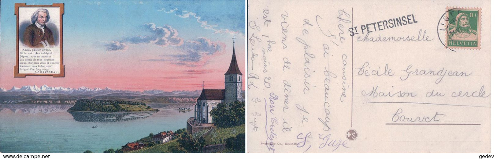 Gléresse BE L'Eglise Et L'Ile De St Pierre Ou Séjourna Rousseau + Cachet Linéaire ST PETERINSEL (27.6.1923) - Gléresse