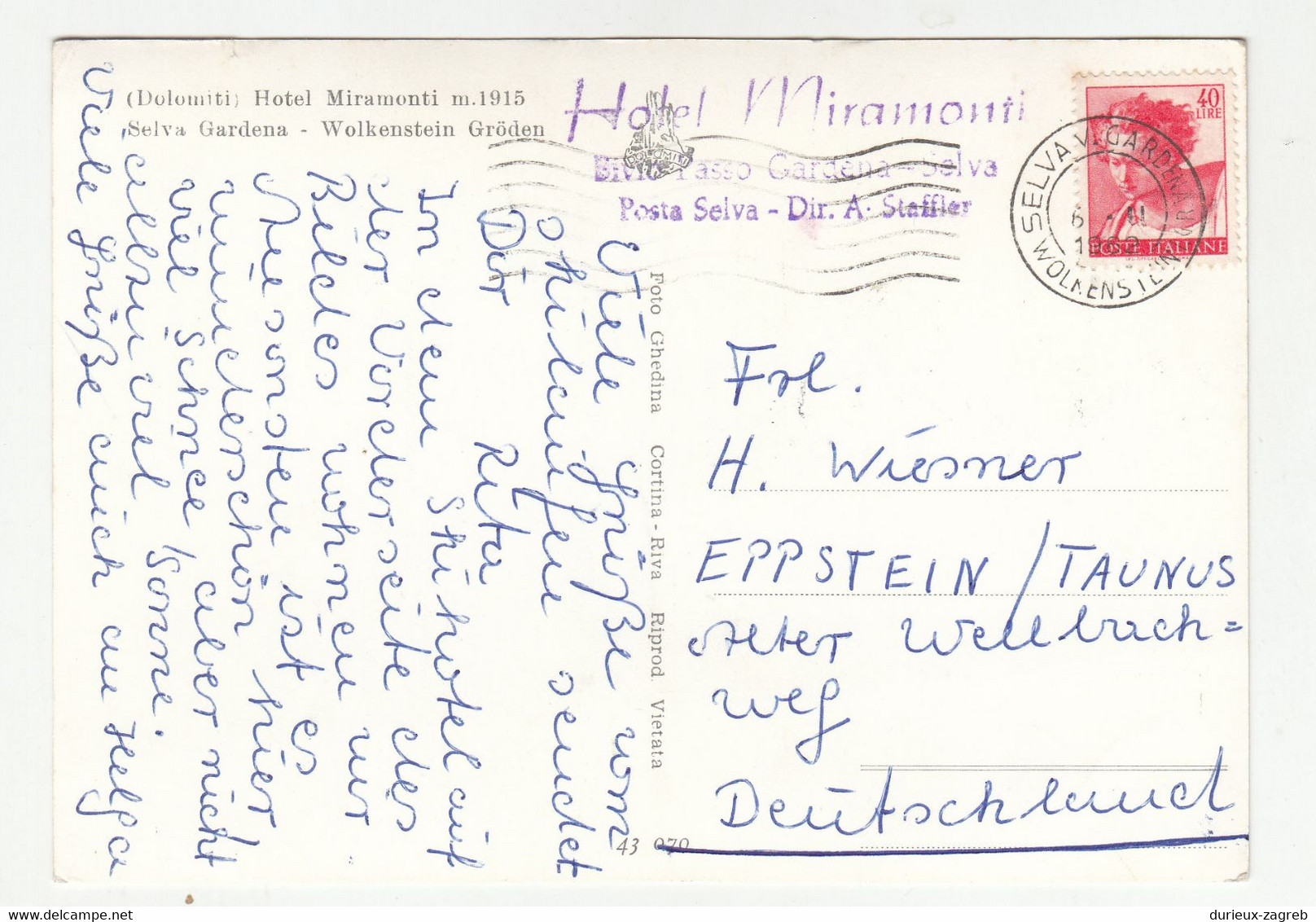 Hotel Miramonti Postcard Posted 1962 Selva Gardena Wolkenstein Pmk B211001 - St. Lambrecht