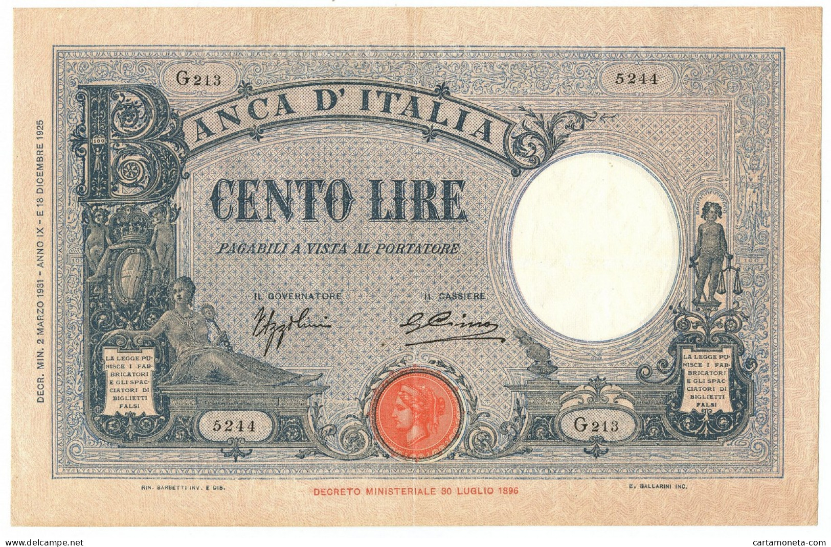 100 LIRE BARBETTI GRANDE B AZZURRO TESTINA FASCIO 02/03/1931 BB+ - Regno D'Italia – Other