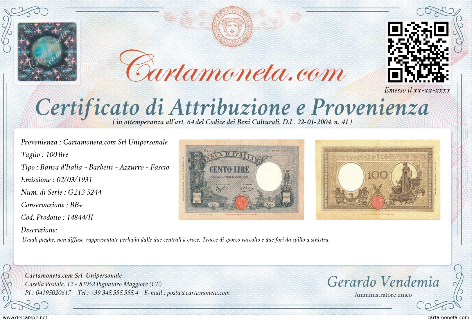 100 LIRE BARBETTI GRANDE B AZZURRO TESTINA FASCIO 02/03/1931 BB+ - Regno D'Italia – Other