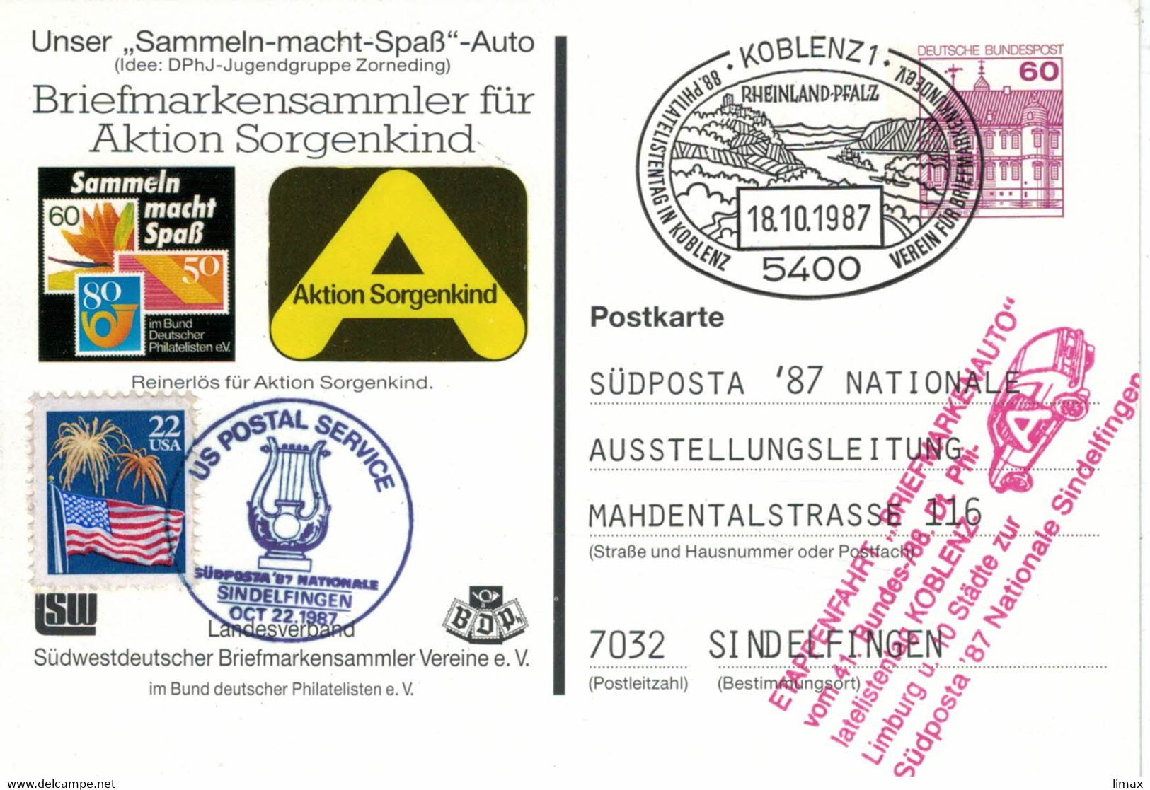 Ganzsache - Schloss Rheydt - Koblenz 1987 Rheinland Pfalz * Briefmarkenauto USPS > Sindelfingen - Privatpostkarten - Gebraucht