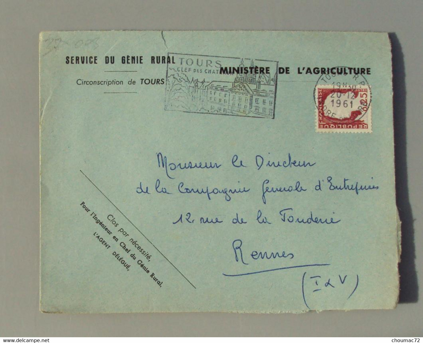 37 003,  Enveloppe Entête - Indre Et Loire - Service Du Génie Rural - Tours - Flamme 1961 - Mechanical Postmarks (Other)