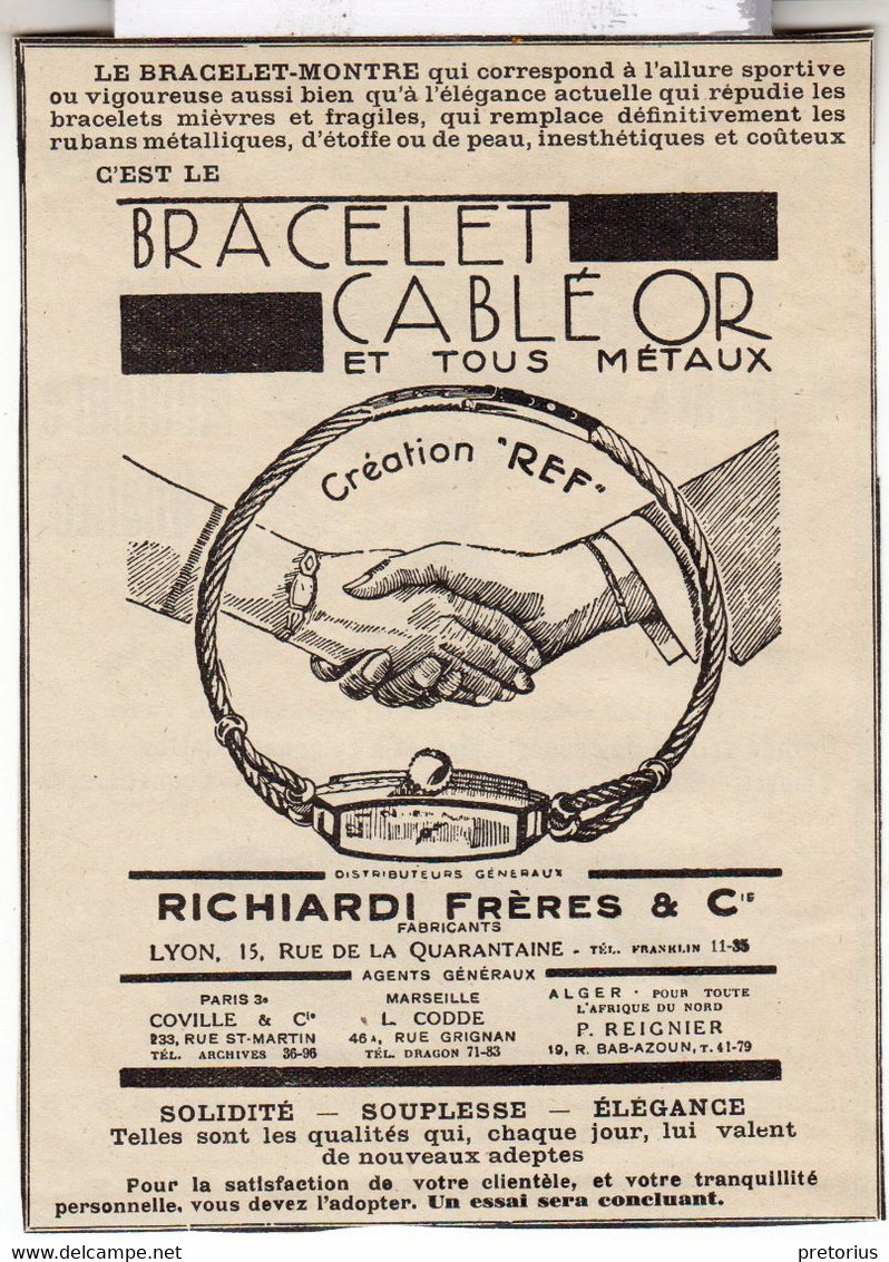 RARE PUB SUR PAPIER - 1907 - BRACELET CABLÉ OR - RICHIARDI FRERES - VINTAGE - Bracelets