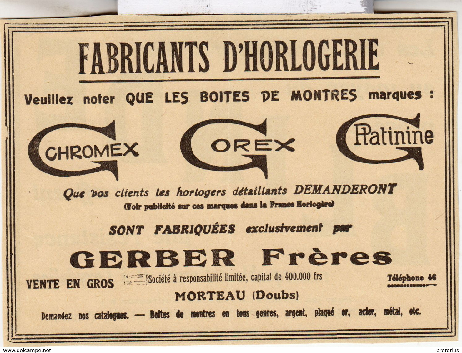 RARE PUB SUR PAPIER - 1907 - FABRICANTS D'HORLOGERIE - GERBER FRERES - MORTEAU - DOUBS -  VINTAGE - Orologi Da Muro