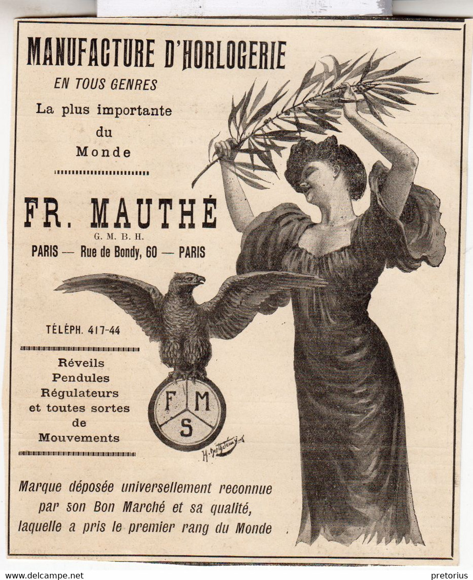 RARE PUB SUR PAPIER - 1907 - MANUFACTURE  D'HORLOGERIE - FR. MAUTHÉ - PARIS -  VINTAGE - Wandklokken