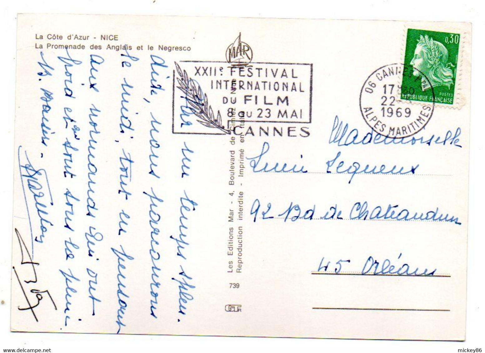 NICE --1969--Promenade Des Anglais Et Le Negresco (voitures VW,Peugeot,Renault..)cachet Cannes 22° Fest Film... à Saisir - Tráfico Rodado - Auto, Bus, Tranvía