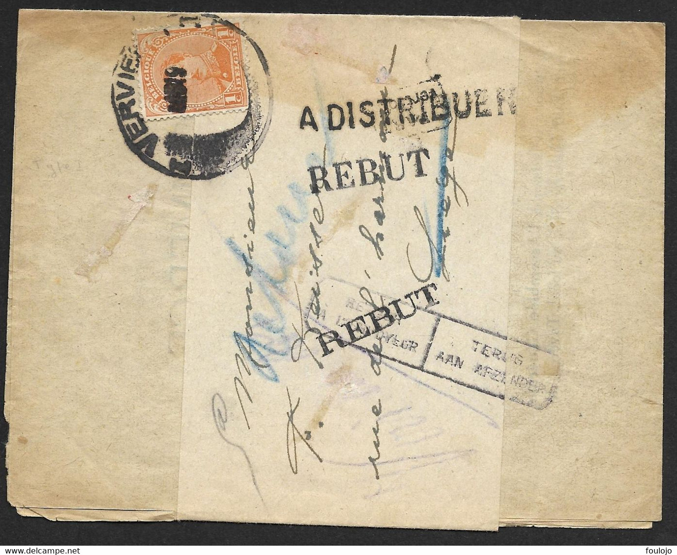 135 Sur Bande Journaux Oblit. Verviers 1919 + A Distribuer + Rebut + Retour à L'envoyeur (Lot 872) - Noodstempels (1919)