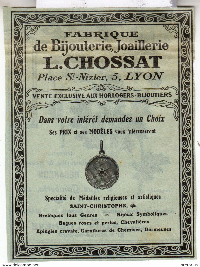 RARE PUB SUR PAPIER - 1912 - FABRIQUE DE BIJOUX - L. CHOSSAT - LYON - VINTAGE - Pendentifs