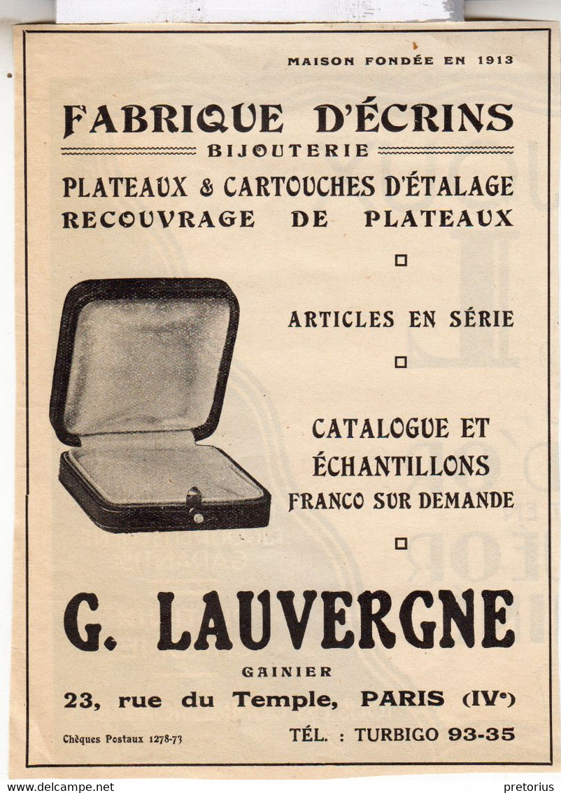 RARE PUB SUR PAPIER - 1912 - FABRIQUE D'ÉCRINS - G. LAUVERGNE - PARIS - VINTAGE - Other & Unclassified