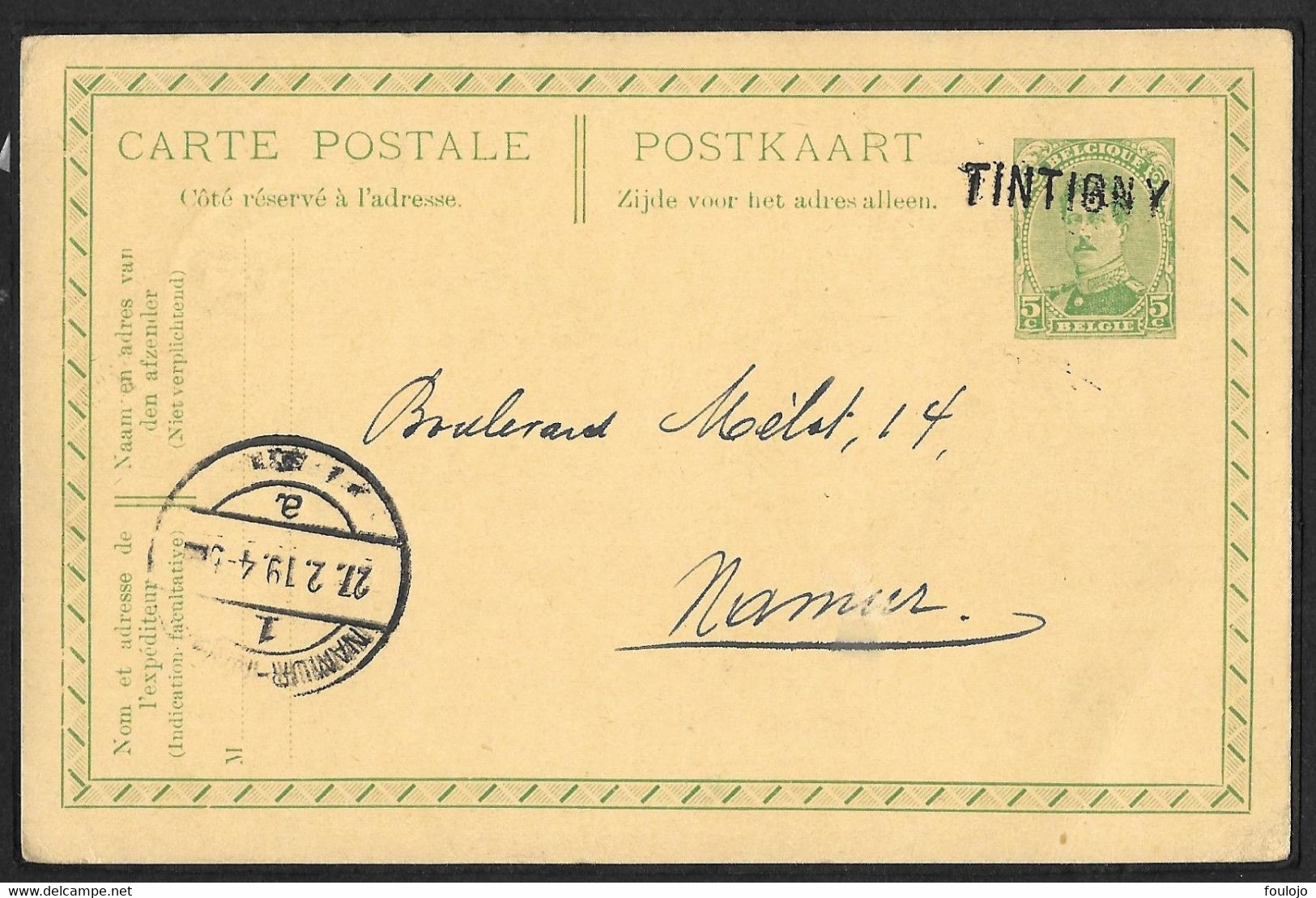 Griffe TINTIGNY Utilisée Pour Annuler L'entier Postal CàD D'arrivée De Namur Le 27 2 19 (Lot  876) - Sello Lineal