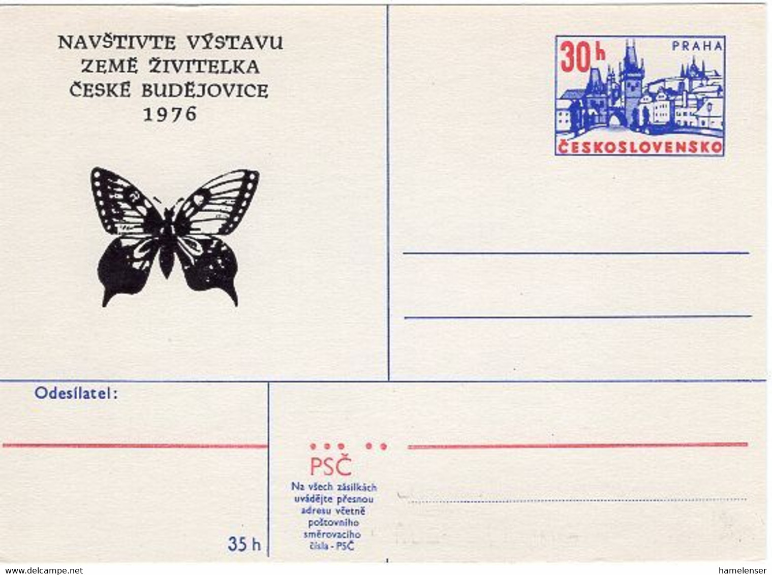 49564 - Tschechoslowakei - 1976 - 30h. GA-Kte. M. Zudruck "Schmetterling", Ungebraucht - Papillons