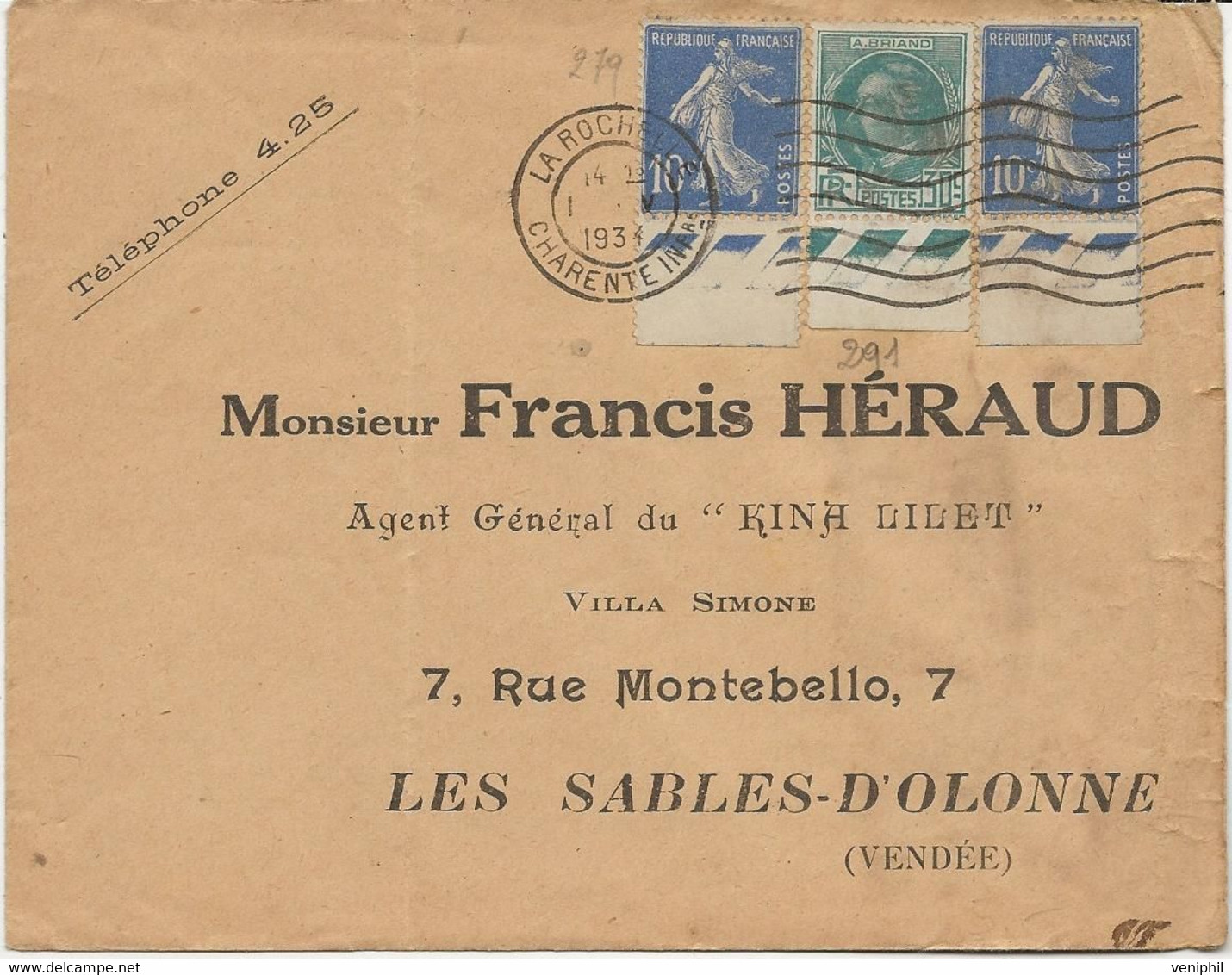 LETTRE AFFRANCHIE N° 279 X 2 + N° 291 - TOUS BORD DE FEUILLE - OBLITERE CAD LA ROCHELLE  1934 - 1921-1960: Periodo Moderno