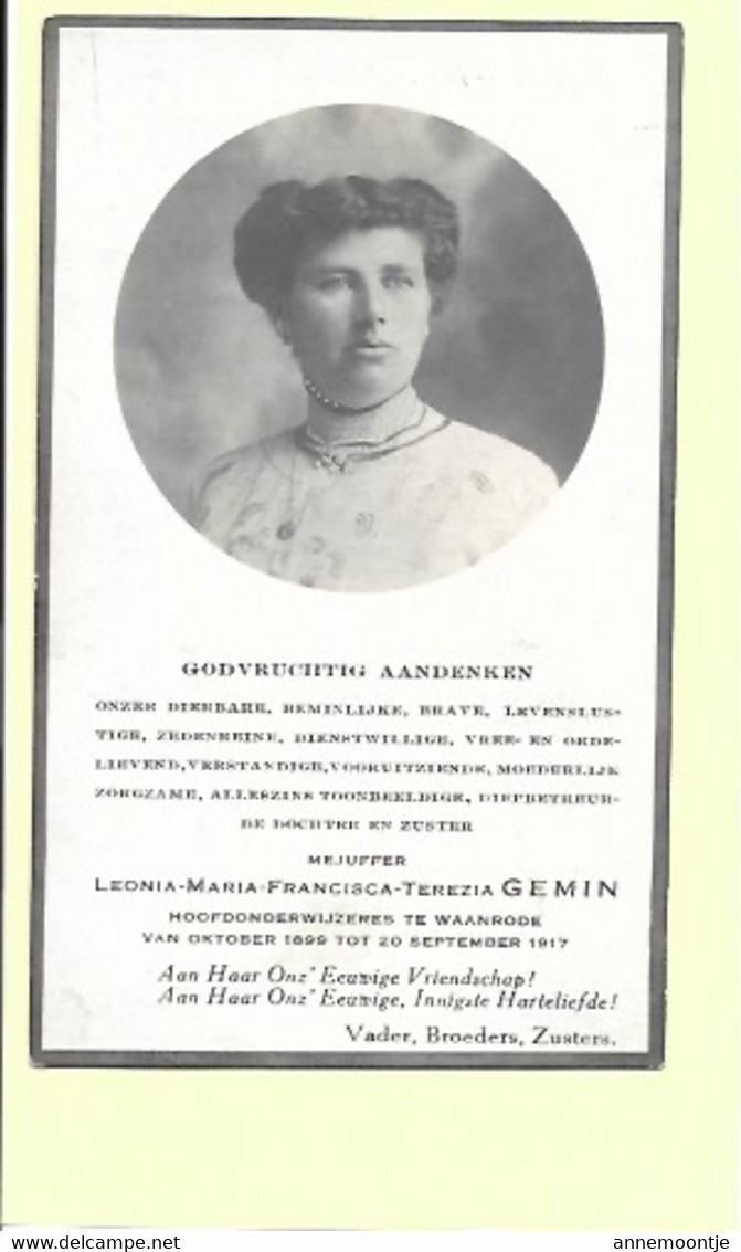 Doodsprentje - Leonia Gemin - Hoofdonderwijzeres Te Waanrode - Rillaar 1876 - 1917 - Met Foto. - Andachtsbilder