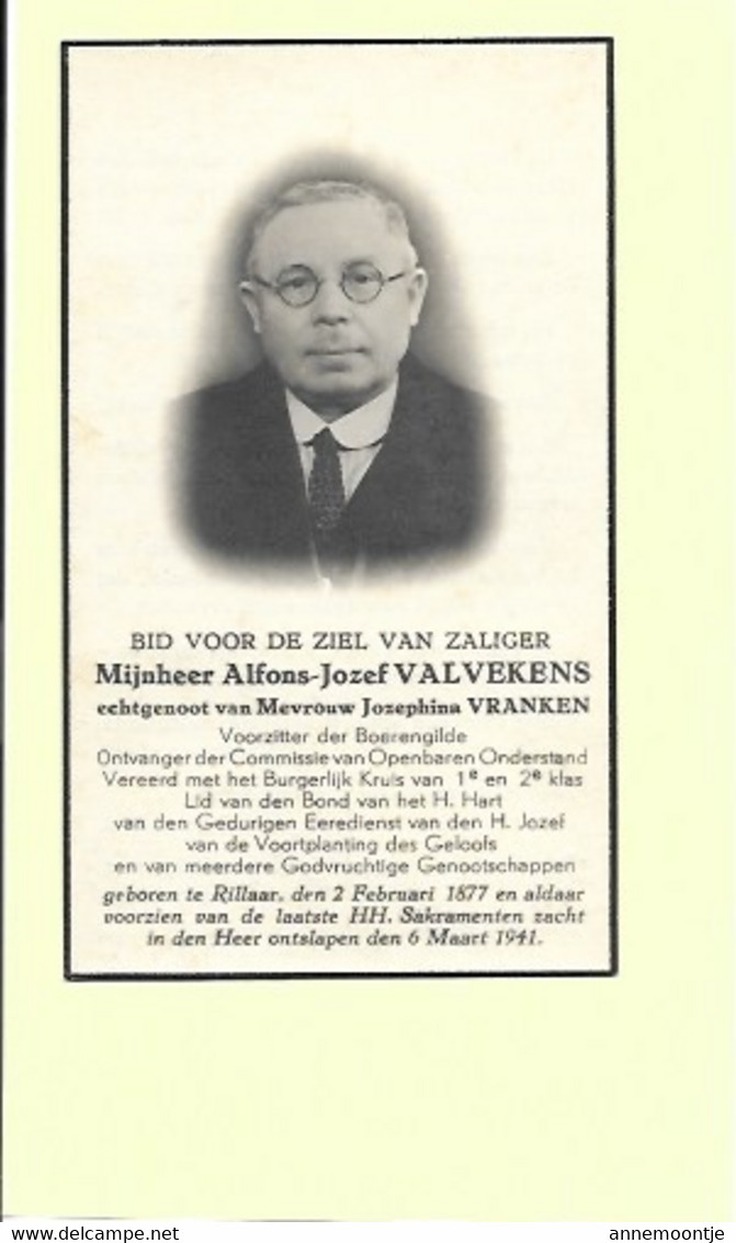 Doodsprentje - Alfons-Jozef Valvekens - Voorzitter Boerengilde - Rillaar 1877 - 1941 Met Foto. - Devotion Images