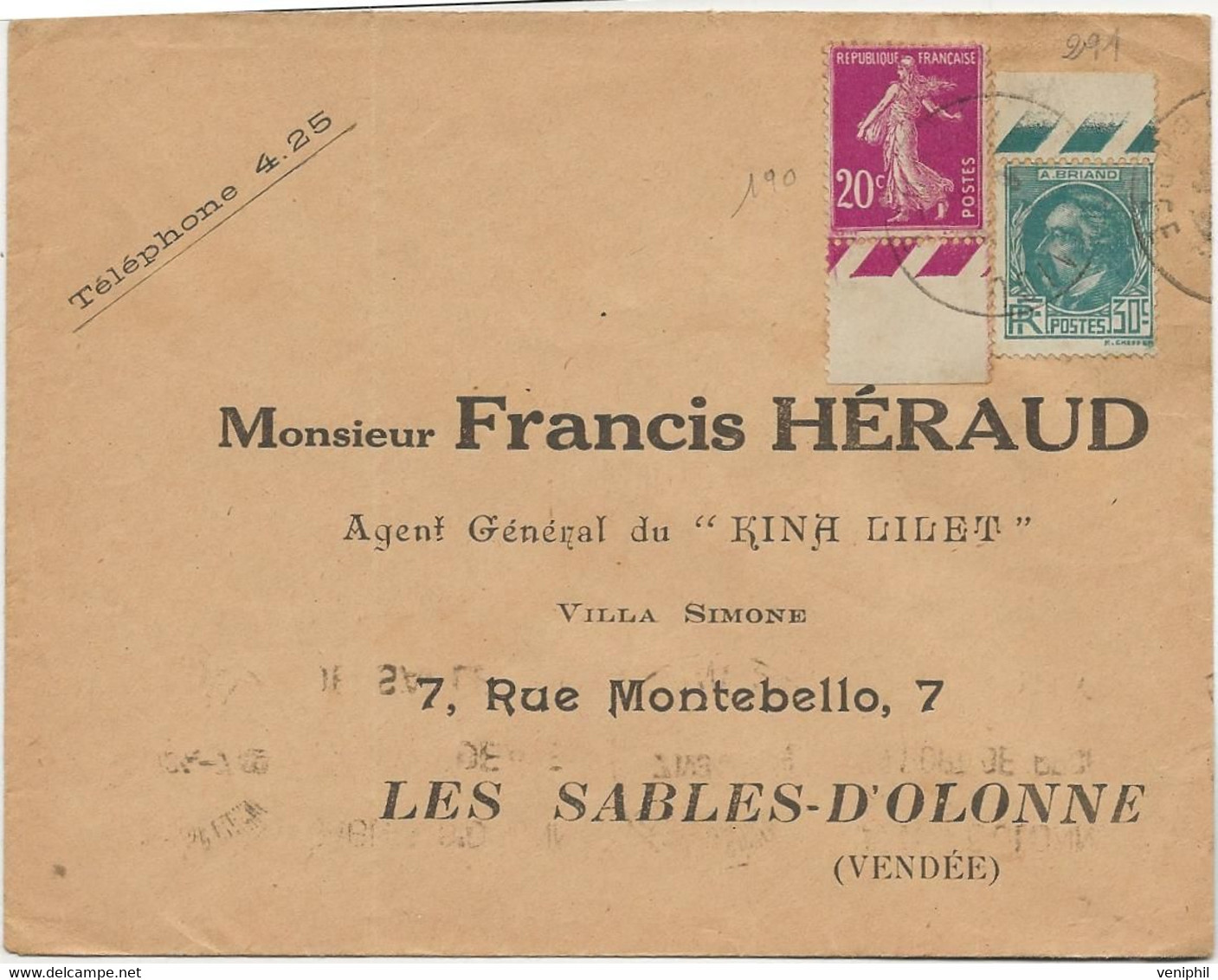 LETTRE AFFRANCHIE N° 190 + N° 291 - TOUS BORD DE FEUILLE - VOIR AU DOS FLAMME SABLES D'OLONNE- - 1921-1960: Periodo Moderno