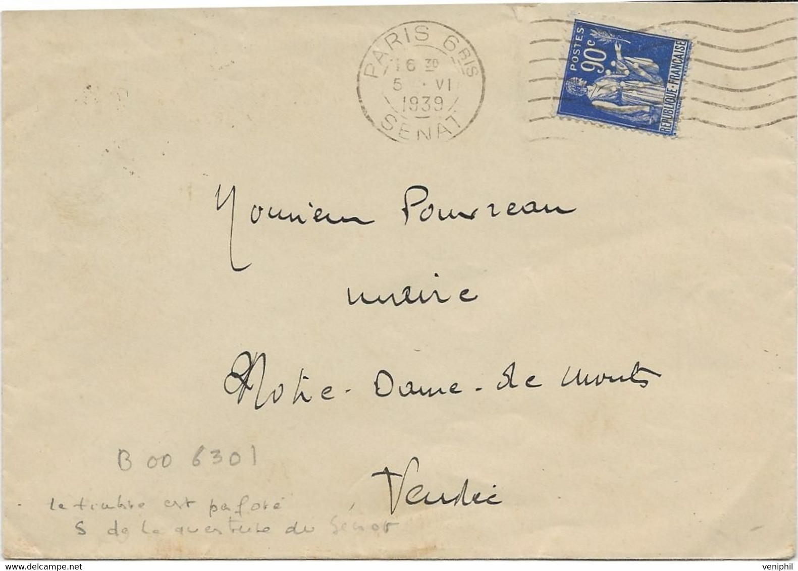 LETTRE AFFRANCHIE N° 368 -PERFORE " S " SENAT- OBLITEREE CAD PARIS SENAT 1939 - Autres & Non Classés